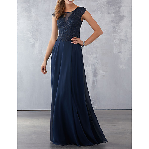 

A-Line Illusion Neck Floor Length Chiffon Elegant / Blue Party Wear / Formal Evening Dress with Pleats / Beading / Appliques 2020