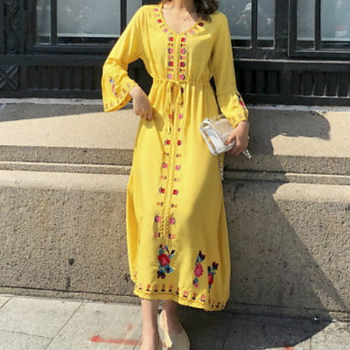 

Women's Maxi Yellow Red Dress Swing Geometric V Neck S M