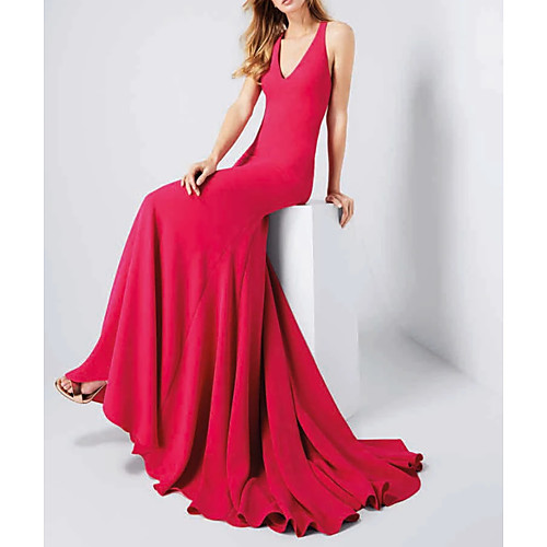 

Mermaid / Trumpet Halter Neck Sweep / Brush Train Polyester Sexy / Red Engagement / Formal Evening Dress with Sleek 2020