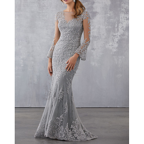 

Mermaid / Trumpet Illusion Neck Sweep / Brush Train Tulle Elegant / Grey Wedding Guest / Formal Evening Dress with Beading / Appliques 2020