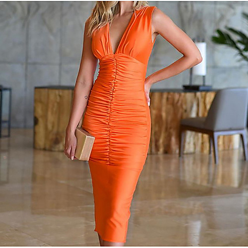 

Women's Orange Black Dress Sheath Solid Color Deep V S M Slim