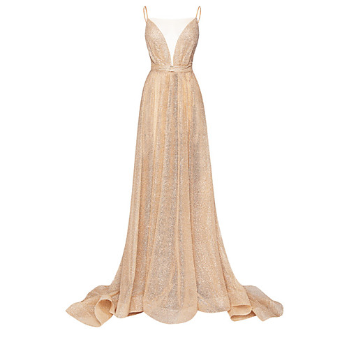 

A-Line Illusion Neck Court Train Tulle Sexy / Sparkle Engagement / Formal Evening Dress with Sash / Ribbon / Pleats 2020