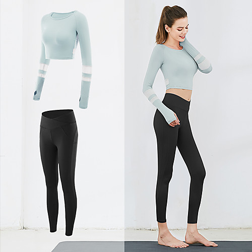 

Women's 2pcs Tracksuit Yoga Suit Winter Patchwork Dark Pink Light Green Pink Mesh Yoga Running Fitness Leggings Crop Top Long Sleeve Sport Activewear Breathable Moisture Wicking Butt Lift Tummy