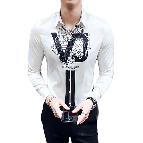 

Men's Geometric Color Block Print Slim Shirt Sexy Street chic Daily Going out Classic Collar White / Black / Long Sleeve