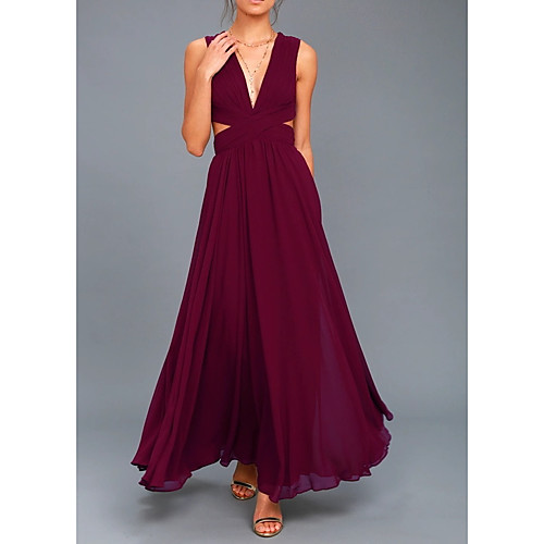 

A-Line V Neck Floor Length Chiffon Sexy / Red Engagement / Prom Dress with Pleats 2020