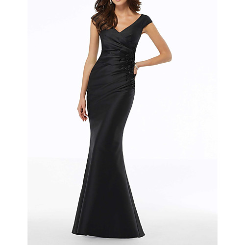 

Mermaid / Trumpet V Neck Floor Length Polyester Elegant / Black Wedding Guest / Formal Evening Dress with Draping / Appliques 2020