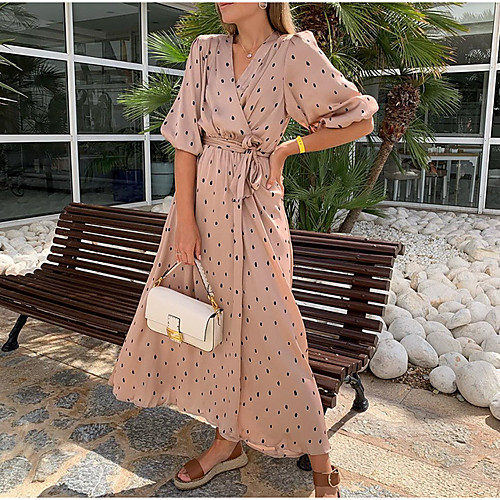 

Women's Maxi Blushing Pink Dress Sheath Polka Dot V Neck S M