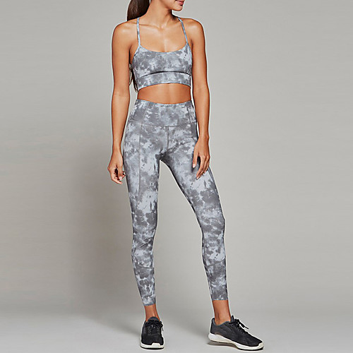 

Women's 2pcs Tracksuit Yoga Suit Tie Dye Gray Yoga Fitness Gym Workout Tights Bra Top Sleeveless Sport Activewear Breathable Moisture Wicking Butt Lift Tummy Control High Elasticity