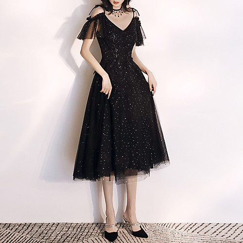 

A-Line V Neck Tea Length Tulle Sparkle / Black Party Wear / Cocktail Party Dress with Sequin 2020