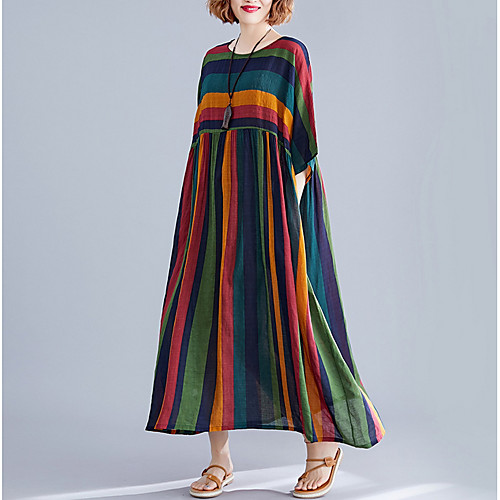 

Women's Maxi Green Dress Shift Striped One-Size Loose