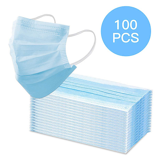 

100 pcs Face Mask Waterproof Breathable Disposable Protection 3 Layers Nonwoven Fabric Melt Blown Fabric Filter Blue