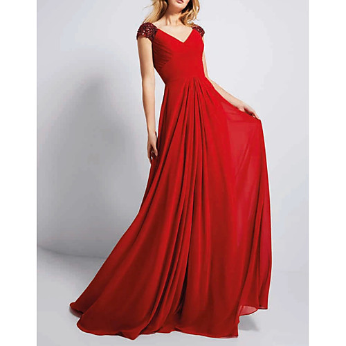 

A-Line V Neck Sweep / Brush Train Chiffon Elegant / Red Engagement / Formal Evening Dress with Crystals / Sequin 2020