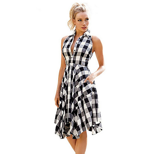 

Women's Wine Red Dress Sheath Plaid Shirt Collar S M