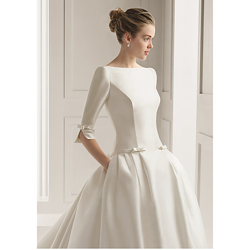 

A-Line Bateau Neck Court Train Polyester Half Sleeve Sexy Plus Size Wedding Dresses with 2020