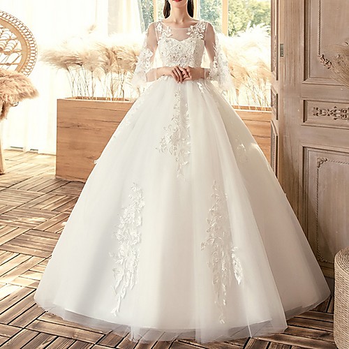 

Ball Gown Jewel Neck Floor Length Lace Long Sleeve Beach Illusion Sleeve Wedding Dresses with Lace Insert / Embroidery 2020