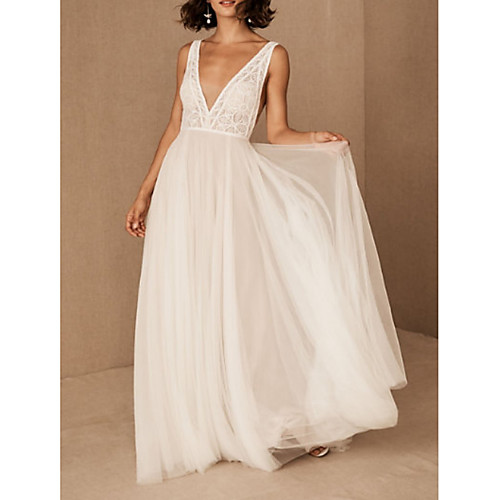 

A-Line V Neck Floor Length Polyester / Tulle Sleeveless Casual / Boho Plus Size Wedding Dresses with Draping 2020
