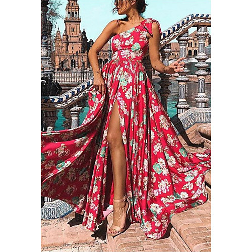 

Women's Maxi Red Dress Swing Print One Shoulder S M