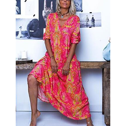 

Women's Maxi Fuchsia Red Dress Boho Maxi Dress Spring A Line Loose Print V Neck Floral M L Loose