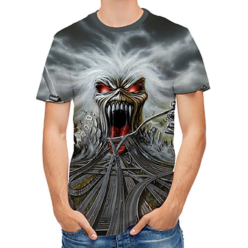 

Men's T-shirt - 3D / Skull Print Round Neck Gray