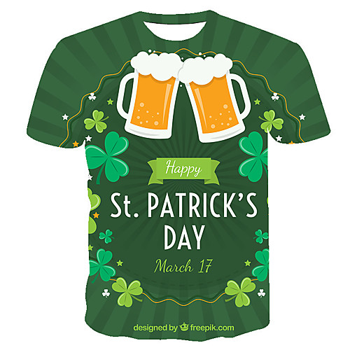 

Men's Daily Going out Basic T-shirt - Geometric / 3D / Beer Print Green