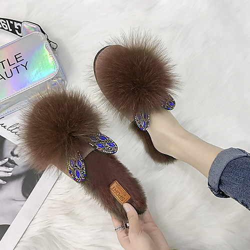 

Women's Slippers & Flip-Flops Flat Heel Round Toe Rabbit Fur Summer Black / White / Khaki