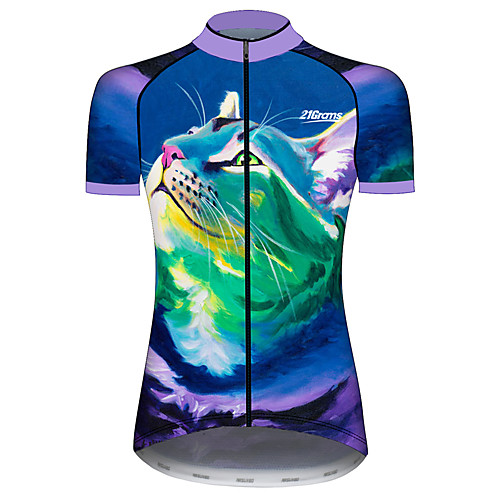 

21Grams Women's Short Sleeve Cycling Jersey 100% Polyester BlueGreen Cat Animal Bike Jersey Top Mountain Bike MTB Road Bike Cycling UV Resistant Breathable Quick Dry Sports Clothing Apparel
