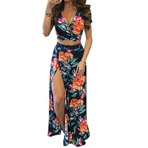 

Women's Maxi Fuchsia Green Dress Bodycon Print Deep V S M