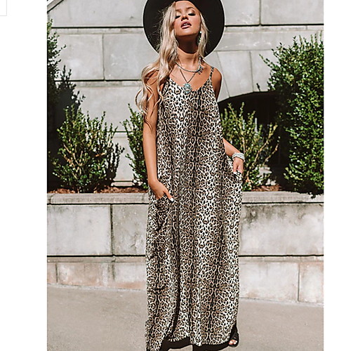 

Women's Maxi Brown Gray Dress Tunic Leopard Strap S M