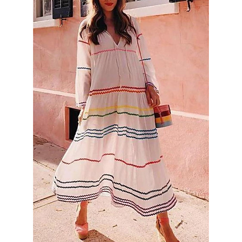 

Women's Maxi White Dress Shift Striped Rainbow V Neck S M Loose