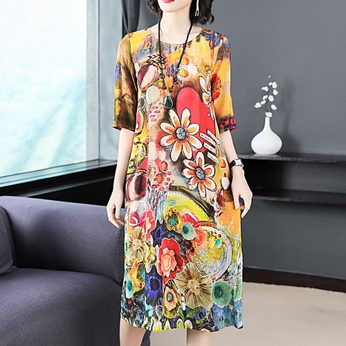 

Women's Yellow Dress Loose Floral M L Loose