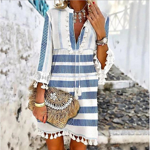 

Women's Green Blue Dress Shift Striped V Neck S M