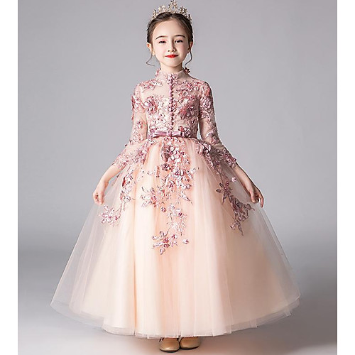 

Princess Floor Length Pageant Dresses - Tulle 3/4 Length Sleeve High Neck with Appliques / Solid