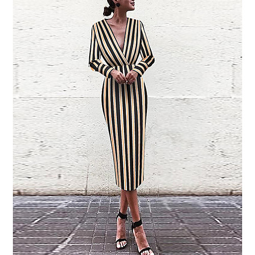 

Women's Black Dress Sheath Striped Deep V S M Slim