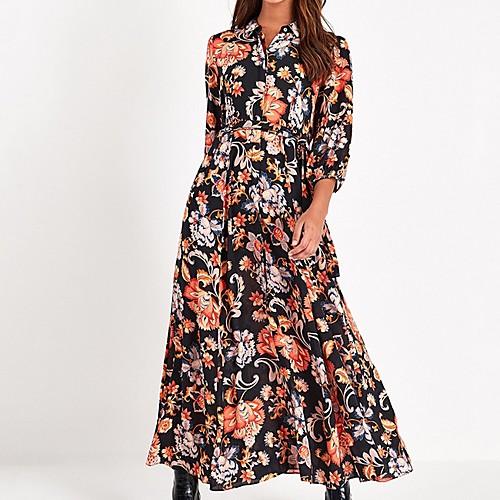 

Women's Maxi Black Dress A Line Floral Shirt Collar S M