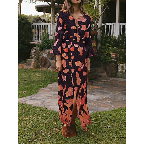 

Women's Maxi Yellow Red Dress A Line Floral S M