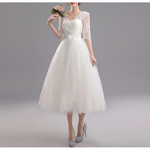 

A-Line V Neck Knee Length Tulle Bridesmaid Dress with Appliques