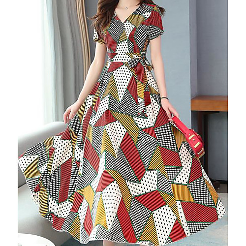 

Women's Red Green Dress Sheath Color Block V Neck S M