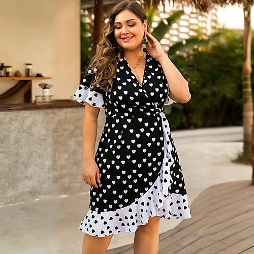 

Women's Asymmetrical Black Dress A Line Polka Dot Deep V Ruffle Wrap XL XXL