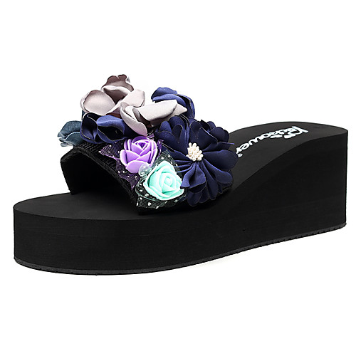 

Women's Slippers & Flip-Flops Wedge Heel Open Toe Imitation Pearl / Satin Flower Polyester Sweet / Chinoiserie Walking Shoes Summer Pink / Dark Blue / Color Block