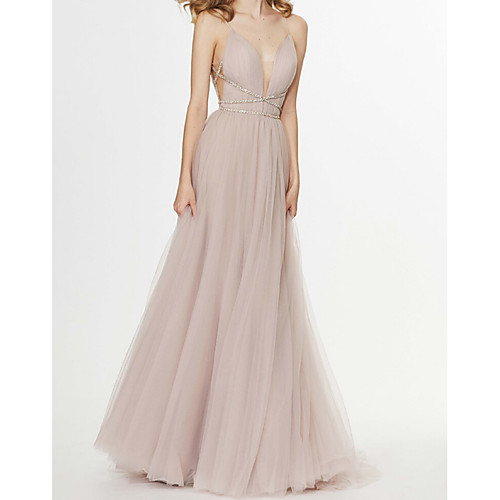 

A-Line Spaghetti Strap Sweep / Brush Train Tulle Elegant / Pink Engagement / Prom Dress with Pleats / Crystals / Beading 2020