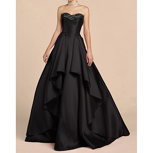 

Ball Gown Sweetheart Neckline Floor Length Satin Elegant / Black Engagement / Prom Dress with Sequin / Tier 2020