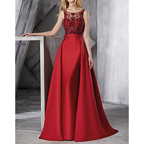 

Ball Gown Jewel Neck Floor Length Polyester Elegant / Red Engagement / Prom Dress with Lace Insert / Appliques 2020