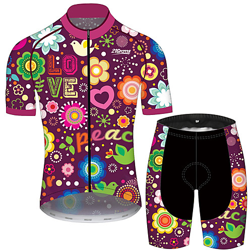 

21Grams Men's Short Sleeve Cycling Jersey with Shorts Purple Heart Floral Botanical Bike Clothing Suit UV Resistant Breathable 3D Pad Quick Dry Sweat-wicking Sports Heart Mountain Bike MTB Road Bike
