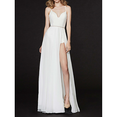 

A-Line Spaghetti Strap Floor Length Chiffon Sexy / White Prom / Formal Evening Dress with Beading / Split 2020