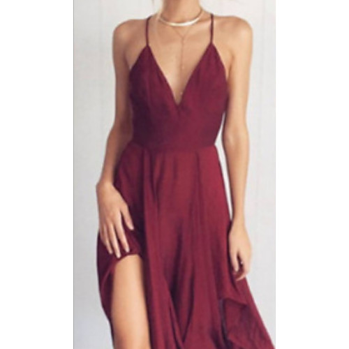 

Women's Maxi Wine Dress Swing Solid Color Strap S M