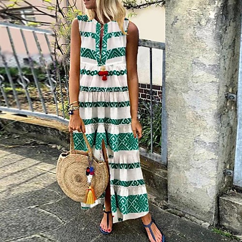 

Women's Maxi Red Green Dress Shift Print V Neck S M