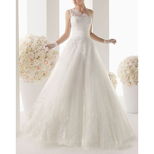 

A-Line One Shoulder Sweep / Brush Train Lace Sleeveless Formal Wedding Dresses with Lace 2020