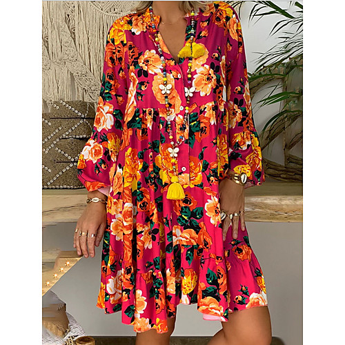 

Women's Yellow Fuchsia Dress Swing Print V Neck S M Loose
