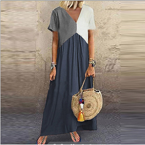

Women's Maxi Gray Dress Shift Color Block V Neck S M Loose