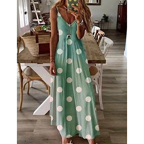 

Women's Maxi Blushing Pink Green Dress Swing Polka Dot Strap S M